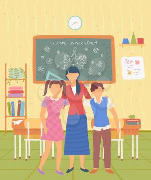 Friendly teacher hugging students vector, classroom with desk and supplies, blackboard with drawing. Education and getting knowledge in college flat style. Back to school concept. Flat cartoon