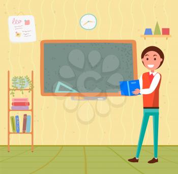 Young smiling man standing in front of chalkboard and holding textbook. Male teacher or student in classroom. Back to school concept vector illustration. Flat cartoon
