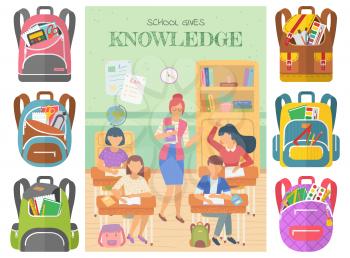 School gives knowledge vector, teacher with students raising hands to answer question. Set of bags with supplies, rulers and textbooks in classroom. Back to school concept. Flat cartoon