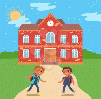 Pupils by school running and playing vector, students with satchels on path. Building exterior, facade of construction, childhood of children flat style. Back to school concept. Flat cartoon