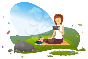 Female character relaxing in spring vector, woman reading book on electronic device. Travel and leisure on weekends, traveler sitting on blanket flat. Mountain tourism