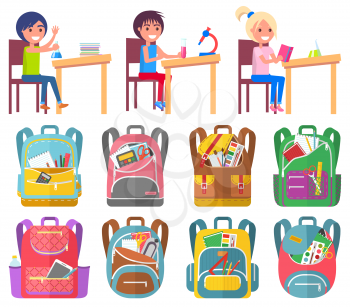 Back to school chemistry lesson, girl and boy with tube. Backpack with pen and notebook, full bag of office objects, smiling pupils at desktop vector. Back to school concept. Flat cartoon