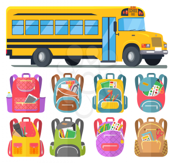 Schoolbags with stationery and books, and school bus vector. Transport and backpacks or rucksacks, copybooks and pencils, ruler and paintbrush. Back to school concept. Flat cartoon