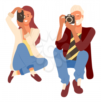 Smiling photographers man and woman sitting with camera equipment and do photo, focusing lens. Male and female photographing, people professional shooting vector