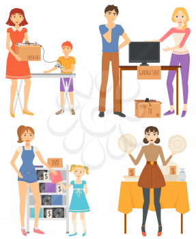 People selling used thing sat garage sale. Unnecessary things. TV , DVD discs, household and sport items, dishes lying on table. Flea market vector illustration. Event for sale used goods
