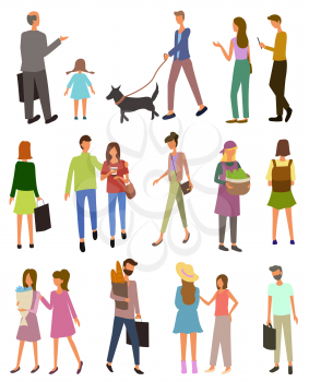 People going with packages, man and woman carrying purchase and flower, harvester with food. Marketplace or bazaar, family and couple buying vector