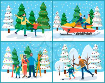 Winter holidays of families. Dad teaching kid to play ice hockey. People on jet riding through landscapes and snowy hills. Mom and father with child skiing and skating on rink flat style vector