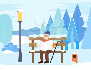 Senior character sitting on snowy bench and holding newspaper in winter park. Male character in glasses reading paper outdoor. Older human walking near fir-trees with snow-falling weather vector