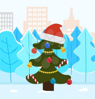Christmas tree in park of winter city. Pine decorated with santa claus hat, baubles and garlands. Spruce and landscape with snowy peaks. Cityscape with buildings and skyscrapers. Vector in flat