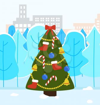 Xmas pine tree decorated for winter holidays. Cityscape with buildings in distance. Cold scenery with symbol of new year, adorned with candy toys, bells and socks. Frosty day vector in flat style