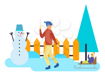 Father carrying daughter sitting on sleigh in winter park. Happy parent and child walking with sledge snowman and fir-trees in frost season. Leisure of dad and childing on white snowy land vector