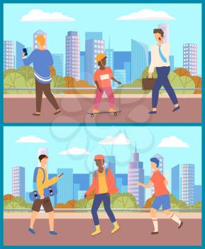 Citizens of city at streets vector, businessman talking on phone with partners. Teenager texting messages on smartphone carrying skateboard. Kid strolling in town, people characters flat style