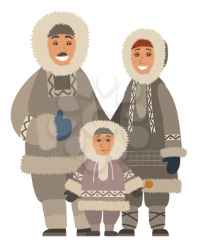 Arctic smiling family in warm traditional clothes standing together. Happy parents and kid wearing fur coat and mittens for Alaska weather. Portrait view of mother, father and son embracing vector