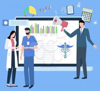 Analysis of patient on screen vector, telemedicine, workers wearing uniforms. Man with megaphone and calculator, diagram and symbol of medicine flat style