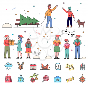 Christmas and winter holidays vector, isolated set of people and icons. Man with pine tree greeting character walking dog. Gift exchanging and caroling family. Sign of cloud and cup of tea flat style
