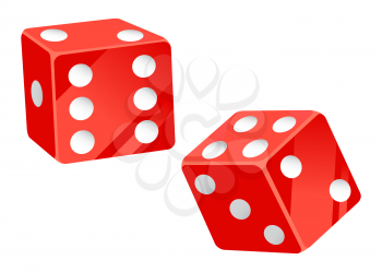 Casino gambling elements vector, isolated red dice with dots flat style. Tossing cubes to see result, betting and playing on money in gambler place