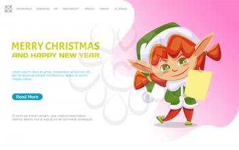 Merry christmas and happy new year celebration with winter holidays. Cute female elf holding letter or greeting card in hands. Dwarf vector. Website or webpage template, landing page flat style
