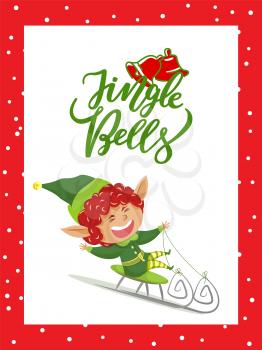 Jingle bells caption, christmas time. Elf actively spend time riding sleigh and having fun. Character greet people with xmas holiday. Vector illustration of greeting postcard with designed caption