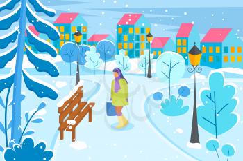 Woman in casual clothes going to bench. Female character walking in winter park in city. Person going by road near buildings and fir-trees. Snow-falling season in town, snowy constructions vector