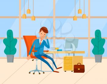 Businessman talking on phone, monitor of computer and notebook on desktop. Business consultation in office, worker communication with device vector