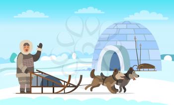 Eskimo wearing fur clothes standing near sleigh with husky. Man hunter character waving hand near igloo house on snowy landscape with dogs. Arctic expeditions and discoveries North pole vector