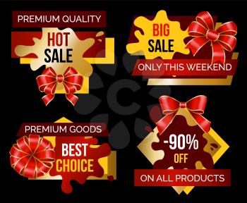 Shopping stickers or label big discount and best choice. Logotype limited promotion decoration by ribbon and bow. Super sale shop now, poster fantastic offer and special price on holiday vector
