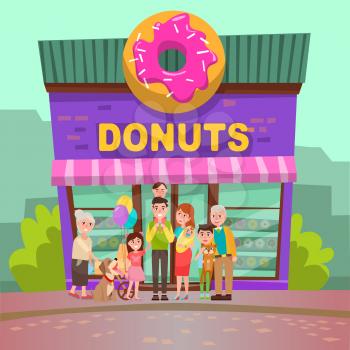 People standing near donuts shop, smiling man and woman buying baked food with cream, donut logo, breakfast element. Family near candy store, unhealthy meal, restaurant in city, building vector
