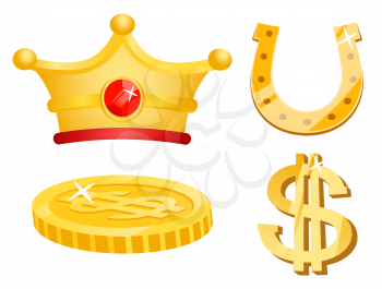Royal crown decorated with gemstone vector, isolated icons of wealthy items. Golden horseshoe and coin with sparkling gleam, dollar symbol money set