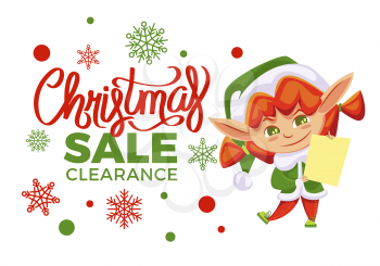 Final christmas sale and winter discount in shops. Little elf girl in green costume holding blank wish list. Santa helper and holiday clearance. Designed promotion with dwarf vector illustration
