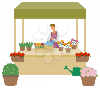 Flower market, seller at showcase isolated cartoon person. Vector florist and summer or spring plants, gardening and watering can, flowerpots and showcase