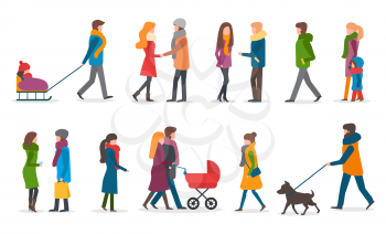 People wearing warm clothes in winter vector. Woman with kid sitting on sledges. Mother and father with perambulator and newborn baby. Friends talking holding bags. Male walking dog on leash