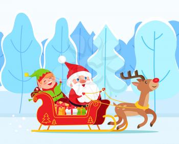 Santa Claus riding sleigh with reindeer. Elf sit in sled with gift boxes. Christmas time in december, traditional holiday characters. Landscape of Lapland with snowy trees. Vector illustration in flat