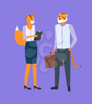 Hipster animals vector, woman fox with papers clipboard, male tiger holding briefcase with papers and documentations, people meeting boss secretary