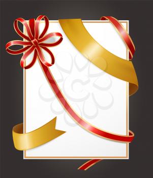 Gift card or present, empty banner with decorative silk stripe and ribbon bow. Serpentine and shiny knot. Copy space for text, decoration on blank room. Adornment tapes, vector in flat style