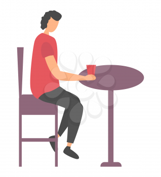 Side view of person character sitting at table, female holding cup, woman in casual clothes, disco club or cafe element, human drinking, leisure vector