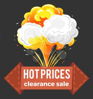 Hot price, reduction of cost promotional banner with explosion. Discount with star symbolizing rate. Discount in store on black friday. Sale proposal from shops and stores for shoppers, vector in flat