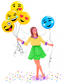 Woman with balloons posing vector, isolated female character holding inflatable toys in form of emoticons. Emoji smiling and laughing, kissing and shy face expression flat style lady in photozone
