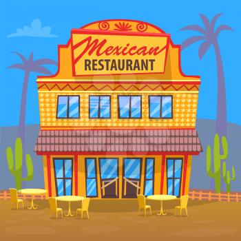 Mexican cuisine restaurant vector, exterior of eatery. House with signboard and entrance for clients. Palms and cactus desert environment, eating place