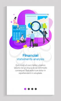 Financial statement analysis vector, businessman holding magnifying glass and zooming information on paper, infocharts and segments of pie diagram. Website or app slider, landing page flat style