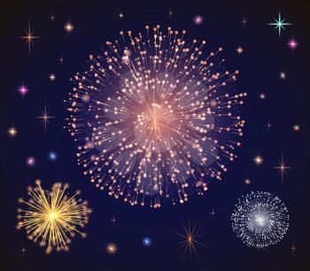 Fireworks at night sky with stars and glowing splashes. Festival and holidays celebration. Abstract pyrotechnics for carnival or party. Decoration for new year or christmas. Vector in flat style