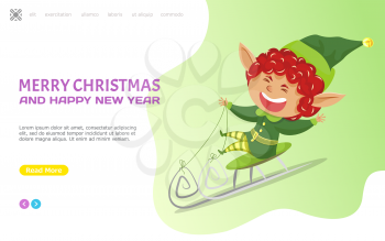Merry christmas and new year, elf sitting on sleds. Laughing dwarf on sleigh riding downhill. Xmas character in winter season. Website or webpage template, landing page, vector in flat style