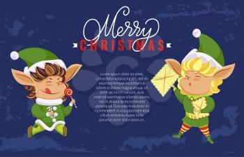 Merry christmas, greeting holiday postcard. Two little boys in traditional costumes. One elf hold letter of kids wishes and other eat candies. Poster with copyspace. Vector illustration in flat style