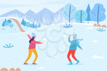 People playing snow fight game in winter. Landscape with snowy peaks and pine trees. Girl and boy with throwing snowballs at each other. Vacation of characters. Vector in flat style illustration