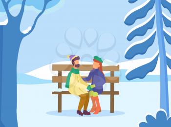 Dating couple sitting on wooden bench in park. Winter landscape with trees covered with snow. Man and woman cuddling outdoors wearing warm clothes. People outside romantic pair, vector in flat
