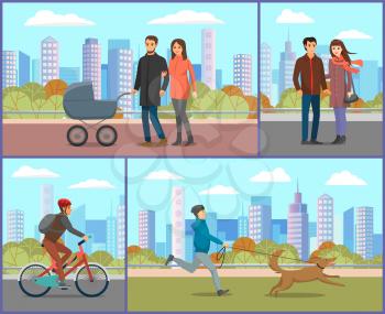 Women and men walking in city park in autumn. Cold fall so people in coats. Happy couple and parents with baby stroller smiling. Man riding bicycle and person with pet on leash. Vector illustration