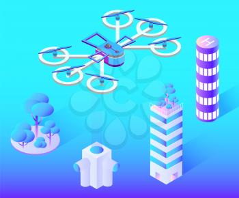 Drone with propeller vector, flying over city constructions and buildings. Modern skyscrapers and towers, park with foliage and greenery. Futuristic place with aircraft. Illustration design of town