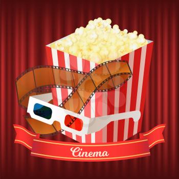 Cinema vector, popcorn snack and 3d glasses to watch films with special effects. Stripe with inscriptions, snack popcorn in package on curtain background