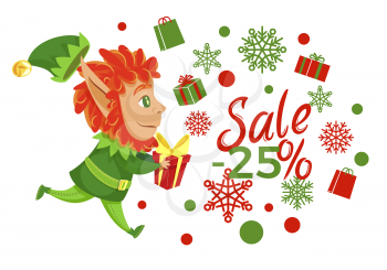 Sale 25 percent discount poster decorated elf character running with present. Shopping card with snowflake and dot symbols. Business promotion with helper hero in costume holding gift box vector
