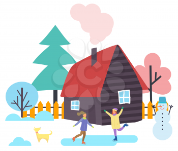 Women fire skating on ice rink by house. Home with chimney and smoke. Frosty day in rural area. Snowman sculpture with carrot nose. Pine trees and fence by building. Household vector in flat