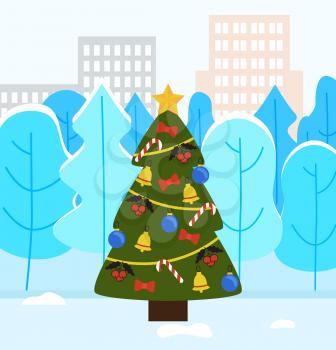 Christmas tree decorated by toys ball and bell. Traditional winter holiday tree in urban winter park near snowy trees and constructions. Xmas fir-tree on snow land near buildings in town vector